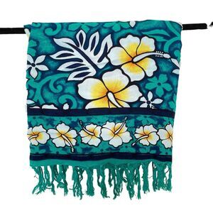 Alii of Hawaii Rayon Cover Up Bikini Swim Wrap Floral Pareo Teal Sarong 46”x 62”